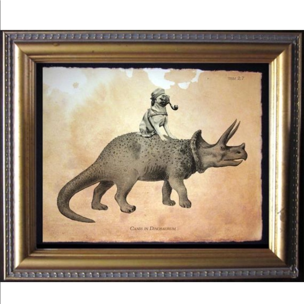 Pug Dog Riding Dinosaur Wall Art Print Tea Stained